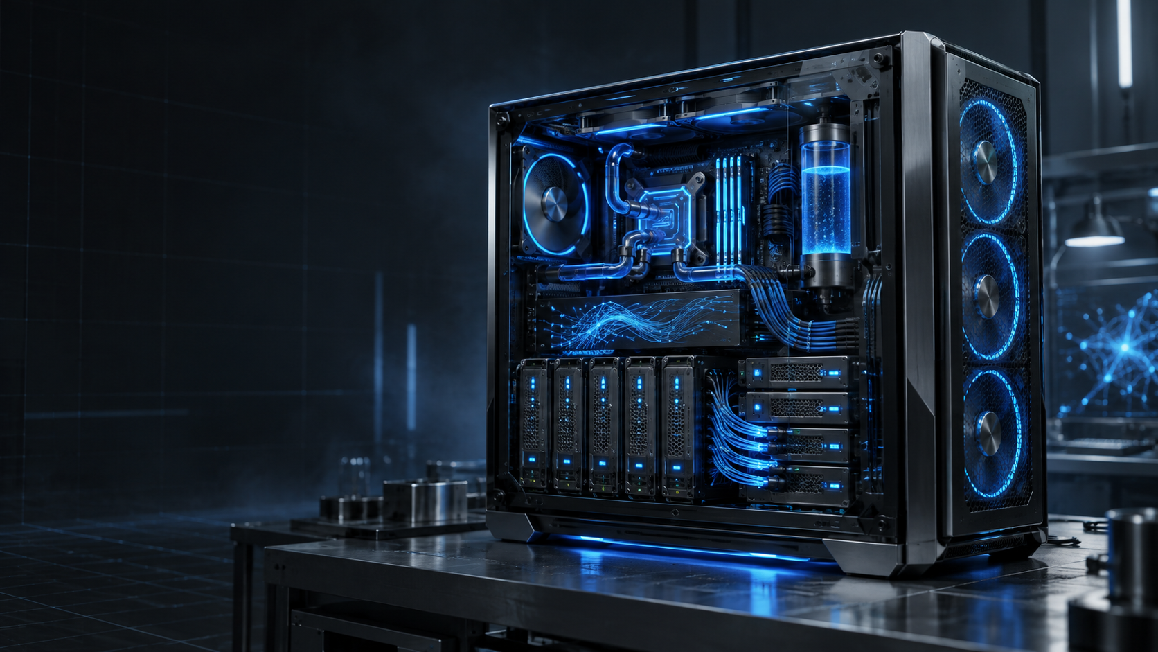 A compact blue-lit machine combining a gaming PC and miniature server rack